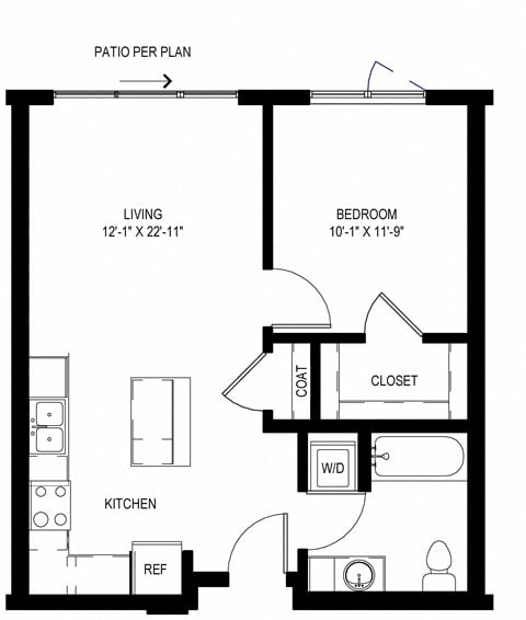 Floor plan for 1 bed, 1 bath, 599 sqft